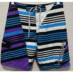 MAUI AND SONS Men's Sz 34 Purple Turquoise Striped Lined Swim Boardshorts surfer